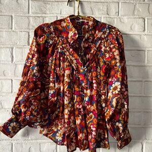 KARLIE Floral Tiered Ruffle Mini Boho Peasant Cotton blouse Size medium